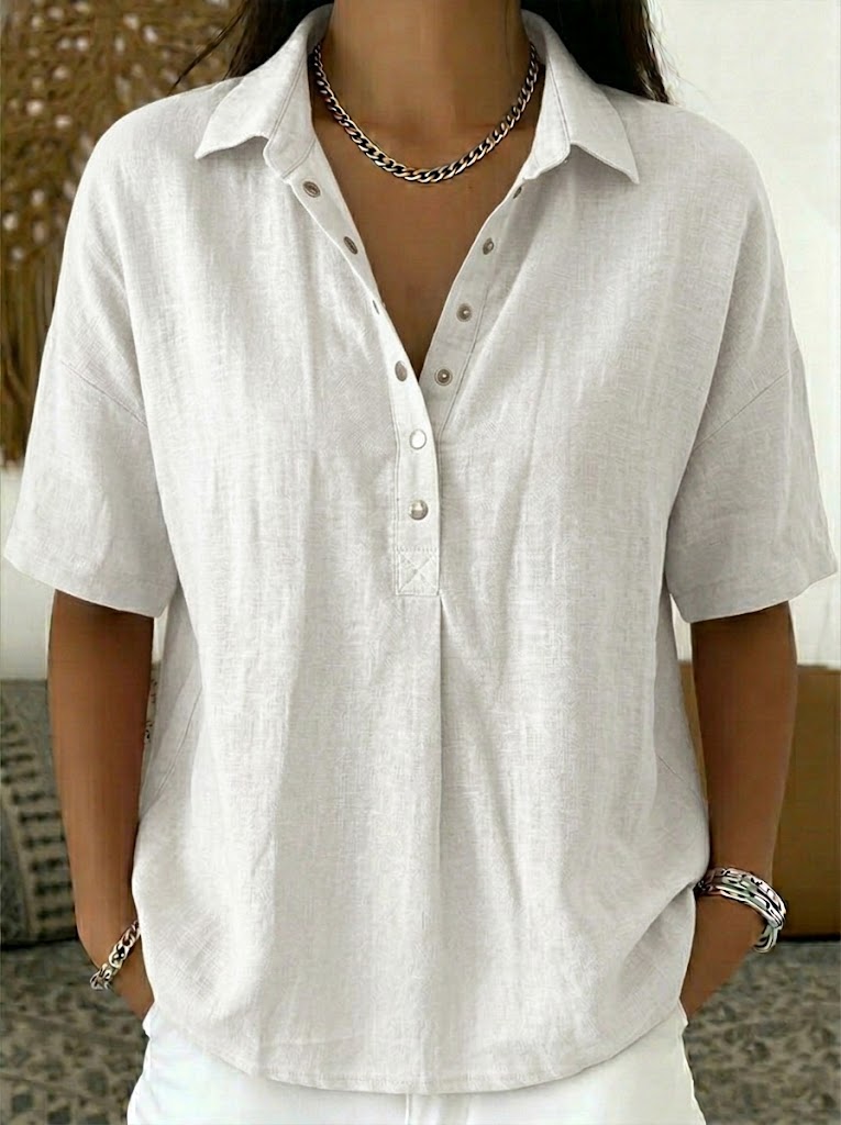 Women’s Cotton Linen Polo Shirt – Casual Short Sleeve Summer Top