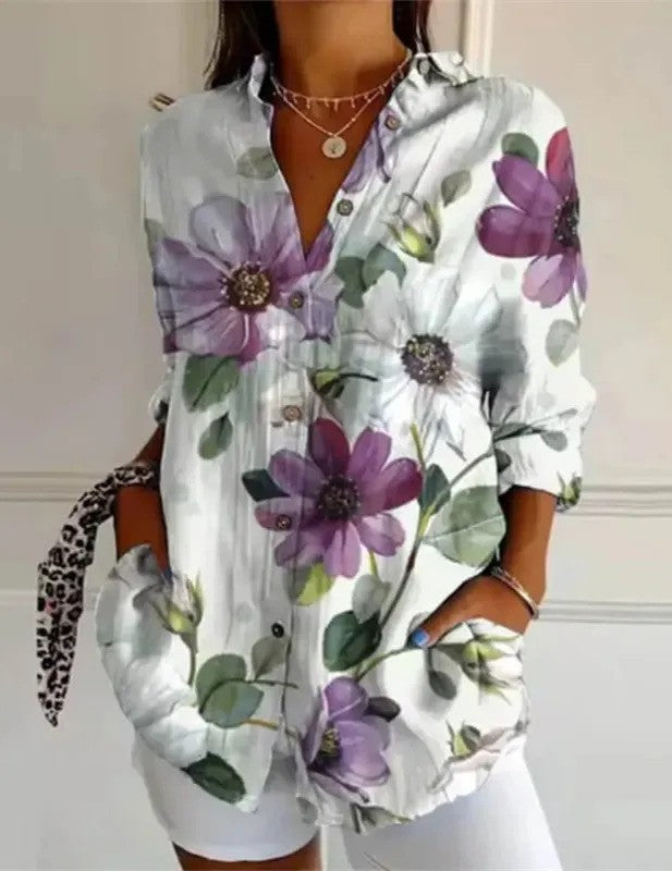 Women's Embroidered Floral Pattern Linen Blend Street Shirt