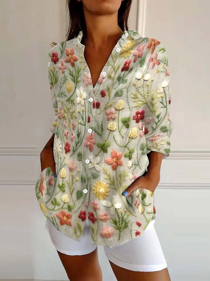 Women's Embroidered Floral Pattern Linen Blend Street Shirt